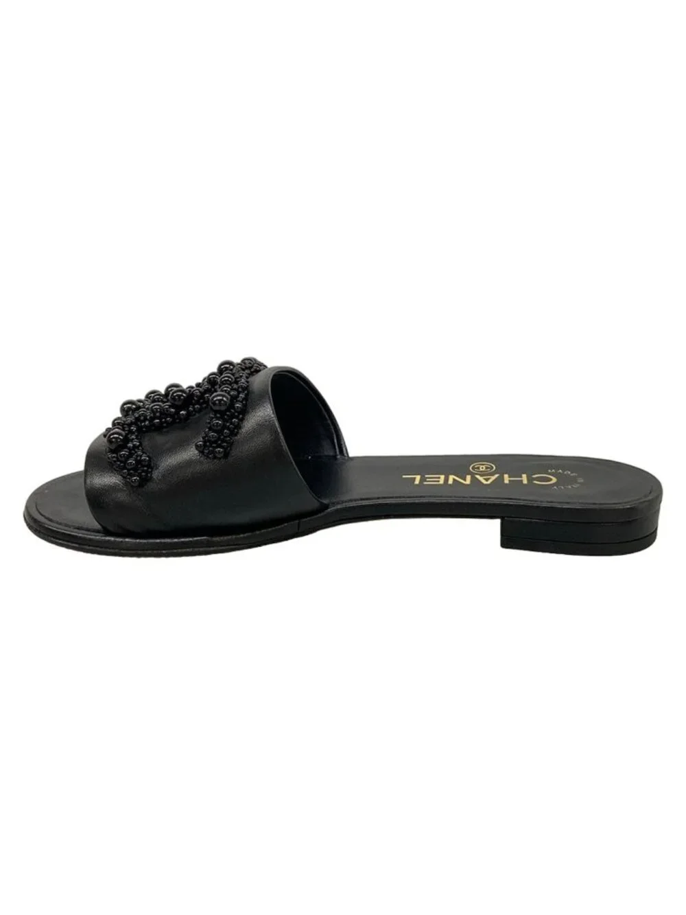 Chanel Sandals 35 C Black Beads CC Logo Open Toe Leather